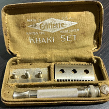 Vintage Gillette Khaki Set Metal Safety Razor Kit in Case, Made in USA picture