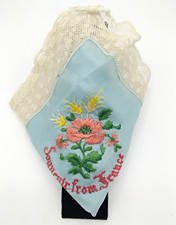 Vintage Souvenir from France Blue/White Embroidered Floral Lace Handkerchief picture