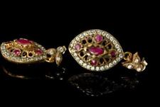 OLD RED RUBY DIAMOND PASTE 925 STERLING GOLD DANGLE EARRINGS   MR picture