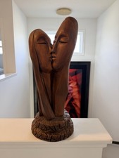 Vtg 1970s MCM Kissing Couple Chalkware Sculpture Lovers Statue 18” Wood Look picture
