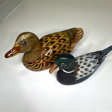 Painted Wooden Duck Figurines Pair Lot of 2 Mallard & Brown 6in & 5in picture