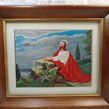 Vintage Framed Lithograph Print Jesus Praying On Mountain Red & White Robe USA picture