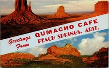 Greetings Qumacho Cafe Peach Springs AZ Dual Banner Arizona postcard P9 picture