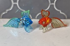 Set 2 Murano Style Glass Blown Fish Figurine Multi Color Blue Orange Bubble Eyes picture