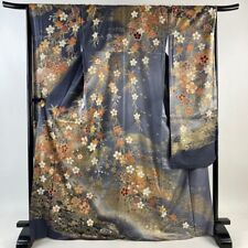 Japanese Kimono Furisode Pure Silk Cherry Blossoms Shidarezakura Bokashi Blue picture