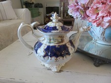Antique Samuel Alcock Porcelain Tea pot Coffee Pot Blue w Gilt Gold Bird Spout picture