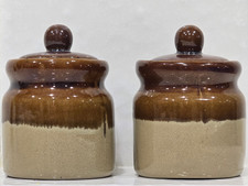 Vintage Armbee Stoneware Condiment Jars Lids Pair Two Tone Brown New Old Stock picture