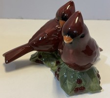 Cardinal Salt/Pepper Shakers Ceramic Tall Christmas Red Birds Holly Berries picture