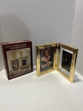Vintage 1980s Tozai 5x7” Gold-Tone Metal Design Photo Frame and Quartz Clock picture