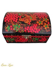 VINTAGE RUSSIAN  SIGNED HAND-PAINTED LACQUER KHOKHLOMA FOLK JEWELRY STORAGE BOX picture