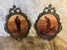Pair Oval Convex Dome Glass Pictures Ornate Brass Frame Farmer/Wife Praying 17
