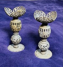 Vintage Pair 8” Solid Brass Ornate Pierced Candle Holders Filigree Floral picture