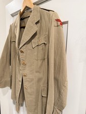 Vintage 1940s WW2 Slant Pocket Military Jacket Khaki Belted Red Eagle Patches picture