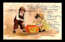 c1909 L.&E. Signed HGB Halloween Postcard Children Lighting Pumpkin picture