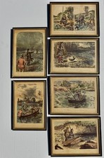 John Leech Mr Briggs Fishing Set 6 Antique Hand-Colored Prints Framed c1860 picture