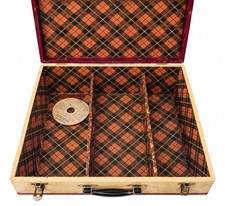 Vintage Mid-Century Audio Storage Carrying Case Burgundy Cream Plaid Interior picture