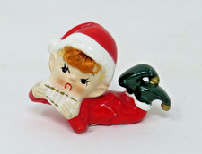 Vintage Napco Christmas Elf Pixie Playing Pan Flute Figurine Red Hair  picture