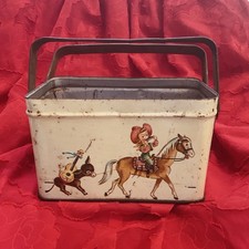 Vintage  1940s-1950s  Cowboy  &  Cowgirl  Metal  Tin Pail  Lunchbox with Handle picture