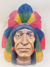 Vintage Hand Carved Solid Wood Indian Head Warrior Chief Wall Hang Sculpture 13” picture