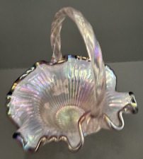 Fenton Champagne Amethyst Opalescent Ribbon Candy Floral Hummingbird Basket VTG picture
