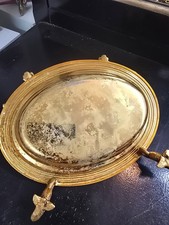 Vintage Gold Tone Oval Footed Vanity Tray Worn Reflective Center Regency picture