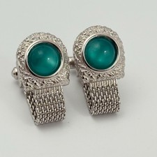 Swank Silver Tone Mesh Wrap Cufflinks Aqua Lucite Cabochon Mid Century Style picture