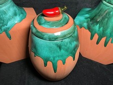 3x Vtg-Turquoise Drip Glazed Pottery Jars - Southwest Style Home Decor- Signed picture