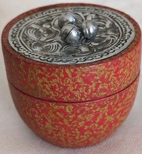 VTG Small Japanese Round Red Handmade Box w/Silver Bells picture