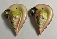 Pair Vintage Hull Pink Green Woodland Conch Wall Pocket Planter Sconce Ceramic picture
