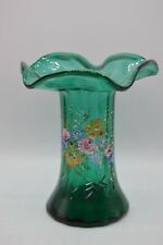 Teal Green Glass Ruffled Vase Hand Painted Hand Blown with Pontil Mark  picture