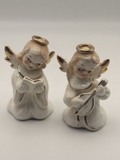 Vintage 1950s Japan Porcelain Angel Choir Pair Book Mandolin Gold Halo 4.25