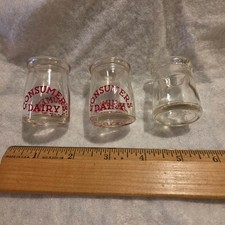 ​Vintage Consumers Dairy Mini Milk Bottle Creamer Lot (3) ACL Red Lettering Glas picture
