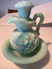 Vintage Avon Moonwind Oil Green Swirl Milk Glass Pitcher With Stopper and Basin picture