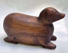 Vintage Carved Wood Dog Snuff Trinket Box Folk Art Dachshund Treen Figurine 7” picture