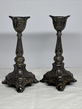 Vintage , ornate silver-plated cast metal candlestick holders-floral Design picture