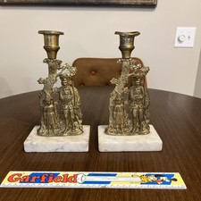 Candlestick antiques Victorian Colonial Revival Brass Marble Candle Pair Of 2 picture