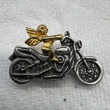 Vintage Motorcycle Guardian Angel Lapel Pin Two Tone Pewter Gold Biker Vest picture