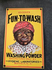 Vintage FUN-TO-WASH Washing Powder Metal Porcelain Sign by Ande Rooney 10”X 6.5” picture