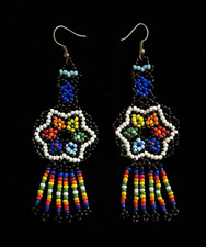 3” VTG Handcrafted Mexican Huichol Seed Beaded Flower Dangle Earrings Multicolor picture