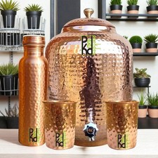 Copper Water Dispenser 4L (135 Oz) Hammered Pitcher Tanki With 2 Tumbler and Lid picture