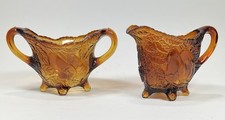 Vintage Tiara Indiana Glass Amber Open Sugar And Creamer Set Sweet Pear Pattern picture