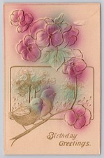 1913 Embossed Birthday Postcard Birds Flowers Brooklyn NY Sentimental Art picture