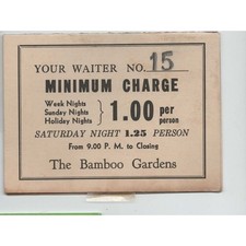 Vintage Bamboo Gardens Restaurant Table Tent Minimum Charge Card Waiter 15 picture