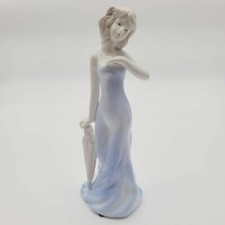 Vintage Ceramic Porcelain Figurine Of Lady In Blue Dress Holding Umbrella 8