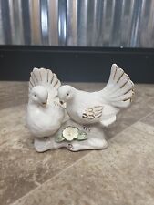 Pair White Doves Figurine Metallic Goldtone Accent Ceramic Love Birds picture