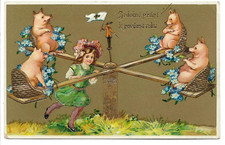 Girl Pushes Four Pigs on Merry-Go ~Round~Carousel~Antique Fantasy Postcard~s813 picture