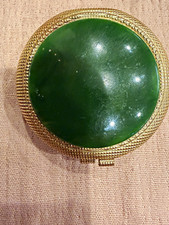 Vintage Round Gold Tone Compact with Green Cabochon Top Mirror picture