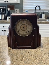 Vintage Art Deco Skyscraper Mantel Clock Wood Case W/  Dial Glass Bezel -empty picture