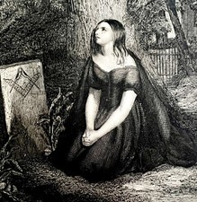 Freemasonry 1859 Masonic Engraving Victorian Widow By Grave Tombstone Art DWY5F picture