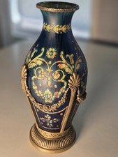 Rare Vintage Etched  Ornate  Cobalt Blue French Vase With Brass Holder picture